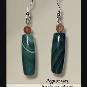 Green Agate Cylinder Bead Drop Gemstone NEW Earrings 925 Sterling